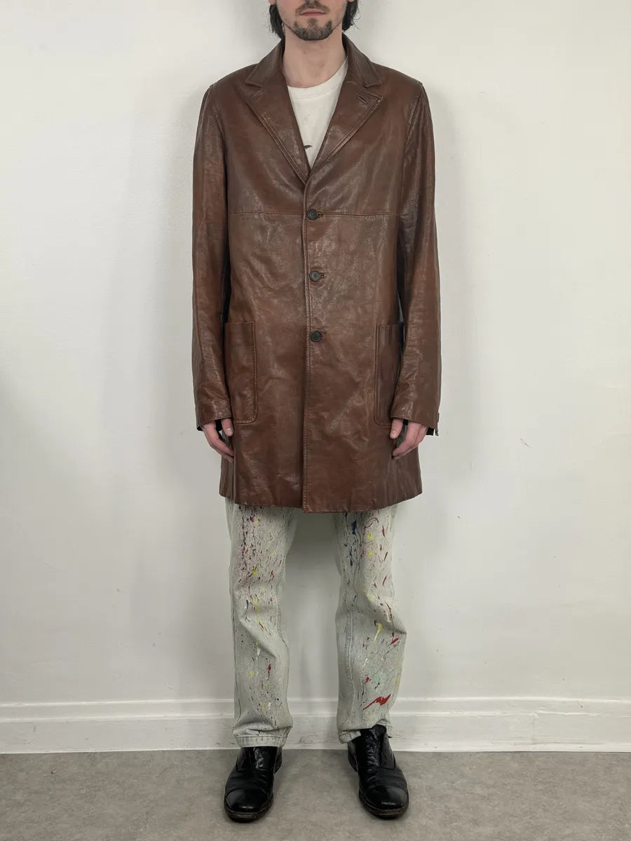 AW2005 Miu Miu Brown Leather Premium Long Coat tNhAToG 1
