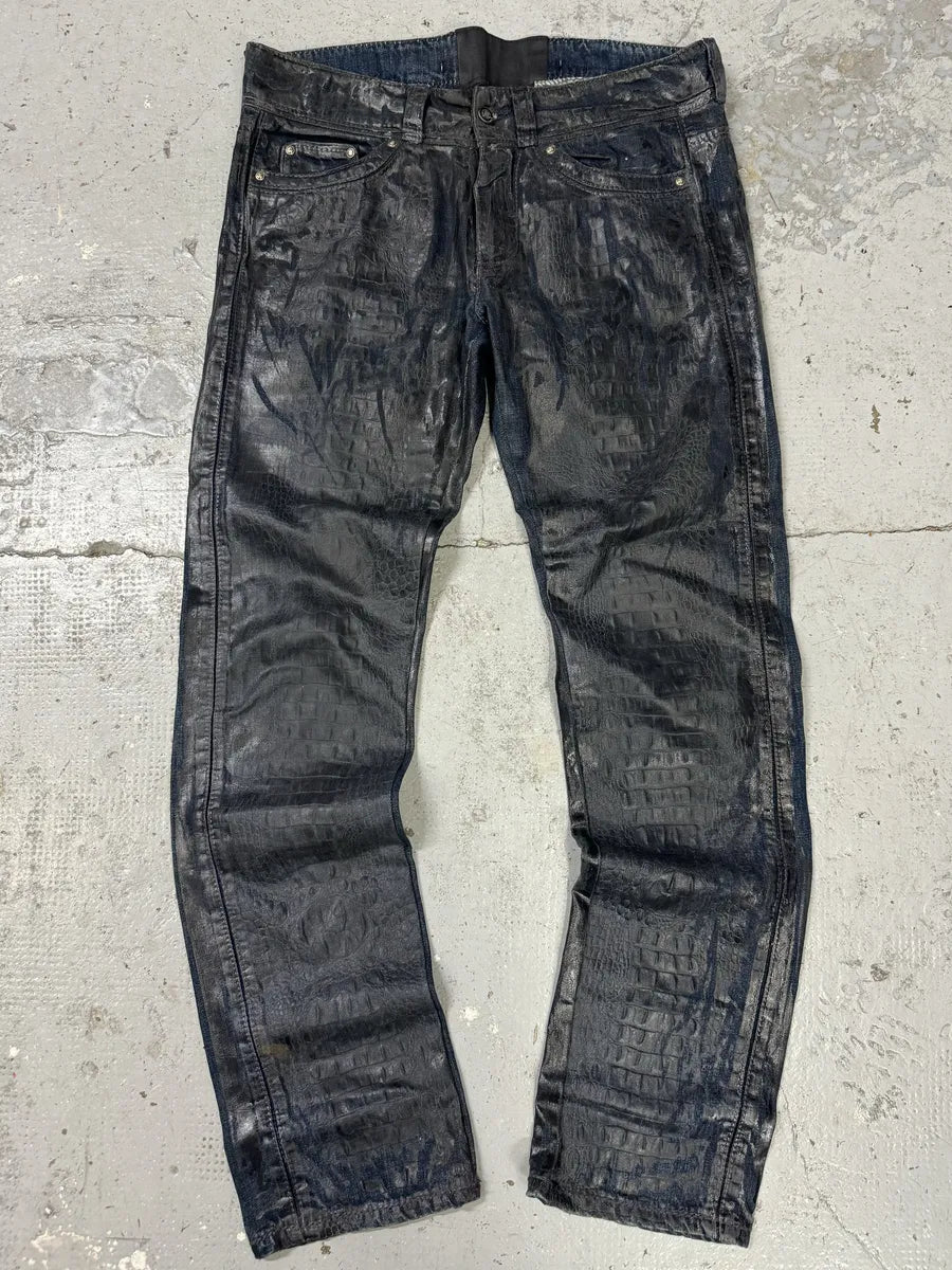 AW2005 Roberto Cavalli Black Crocodile Effect Leather Waxed Denim Jeans bXsWRGu 0