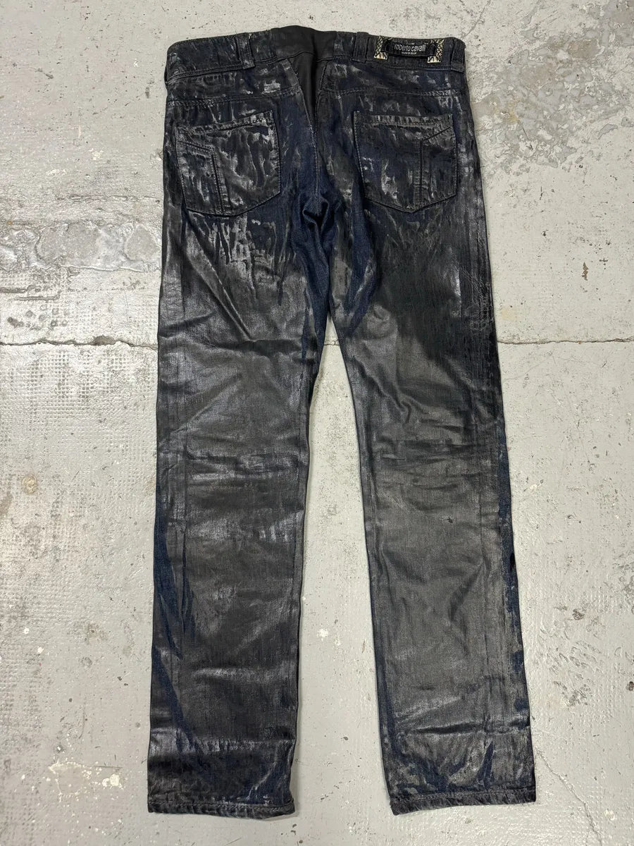 AW2005 Roberto Cavalli Black Crocodile Effect Leather Waxed Denim Jeans bXsWRGu 1