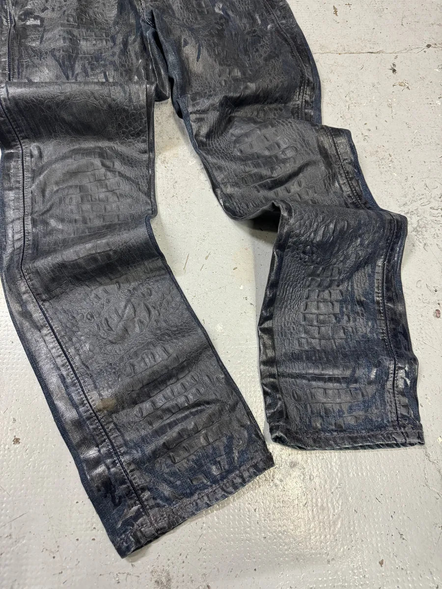 AW2005 Roberto Cavalli Black Crocodile Effect Leather Waxed Denim Jeans bXsWRGu 10