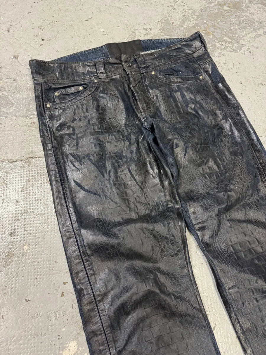 AW2005 Roberto Cavalli Black Crocodile Effect Leather Waxed Denim Jeans bXsWRGu 12