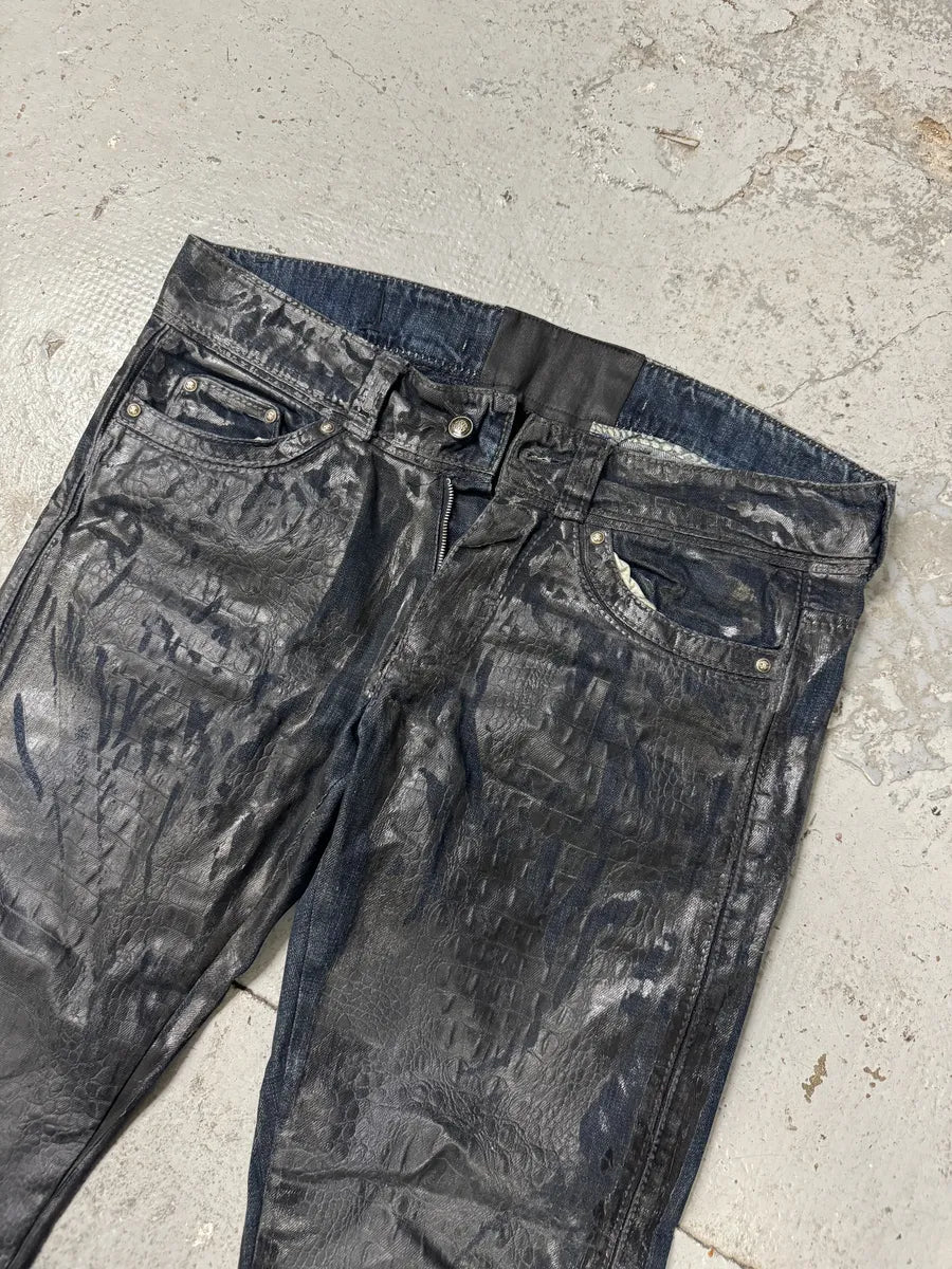 AW2005 Roberto Cavalli Black Crocodile Effect Leather Waxed Denim Jeans bXsWRGu 13
