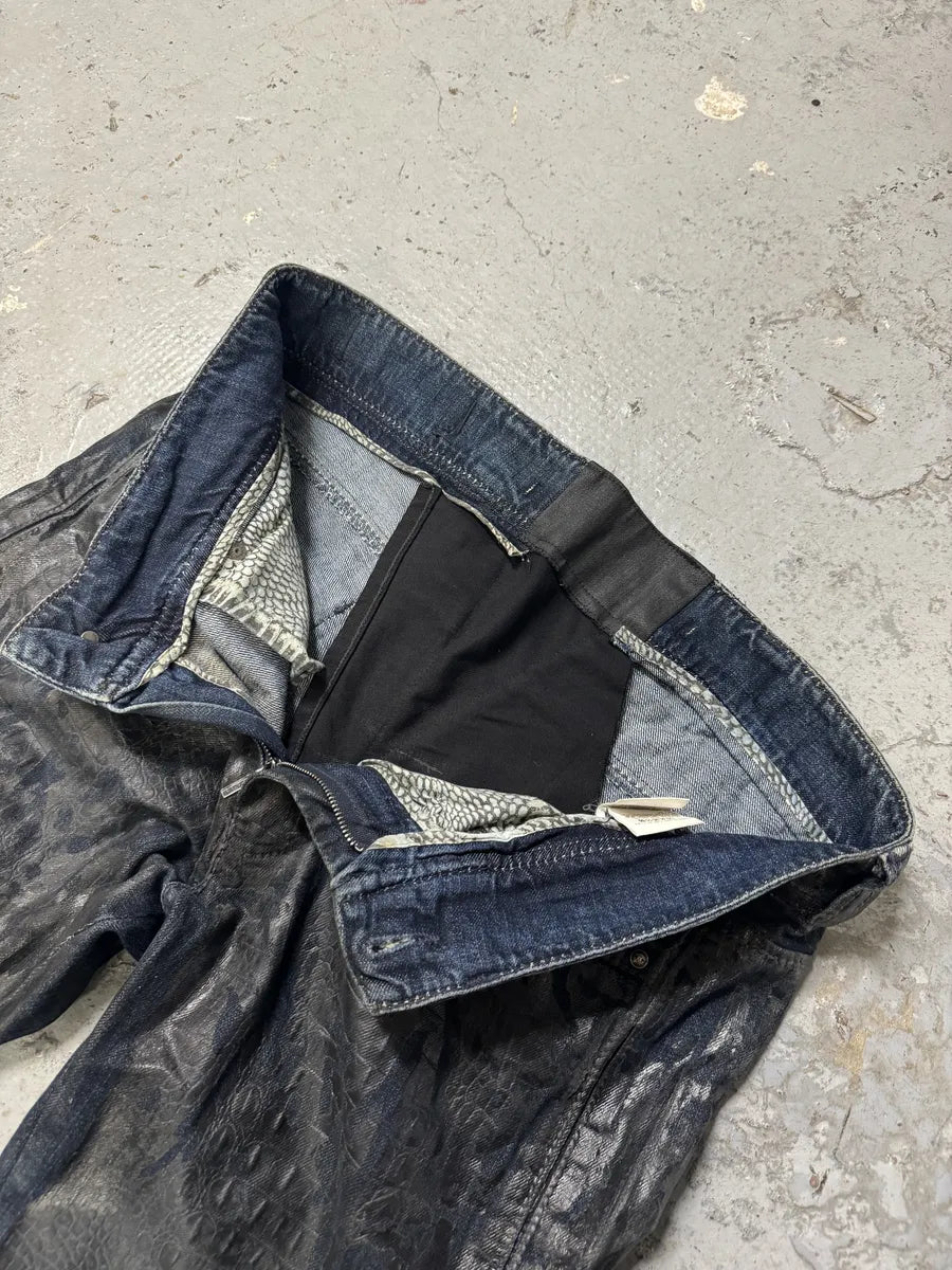 AW2005 Roberto Cavalli Black Crocodile Effect Leather Waxed Denim Jeans bXsWRGu 14