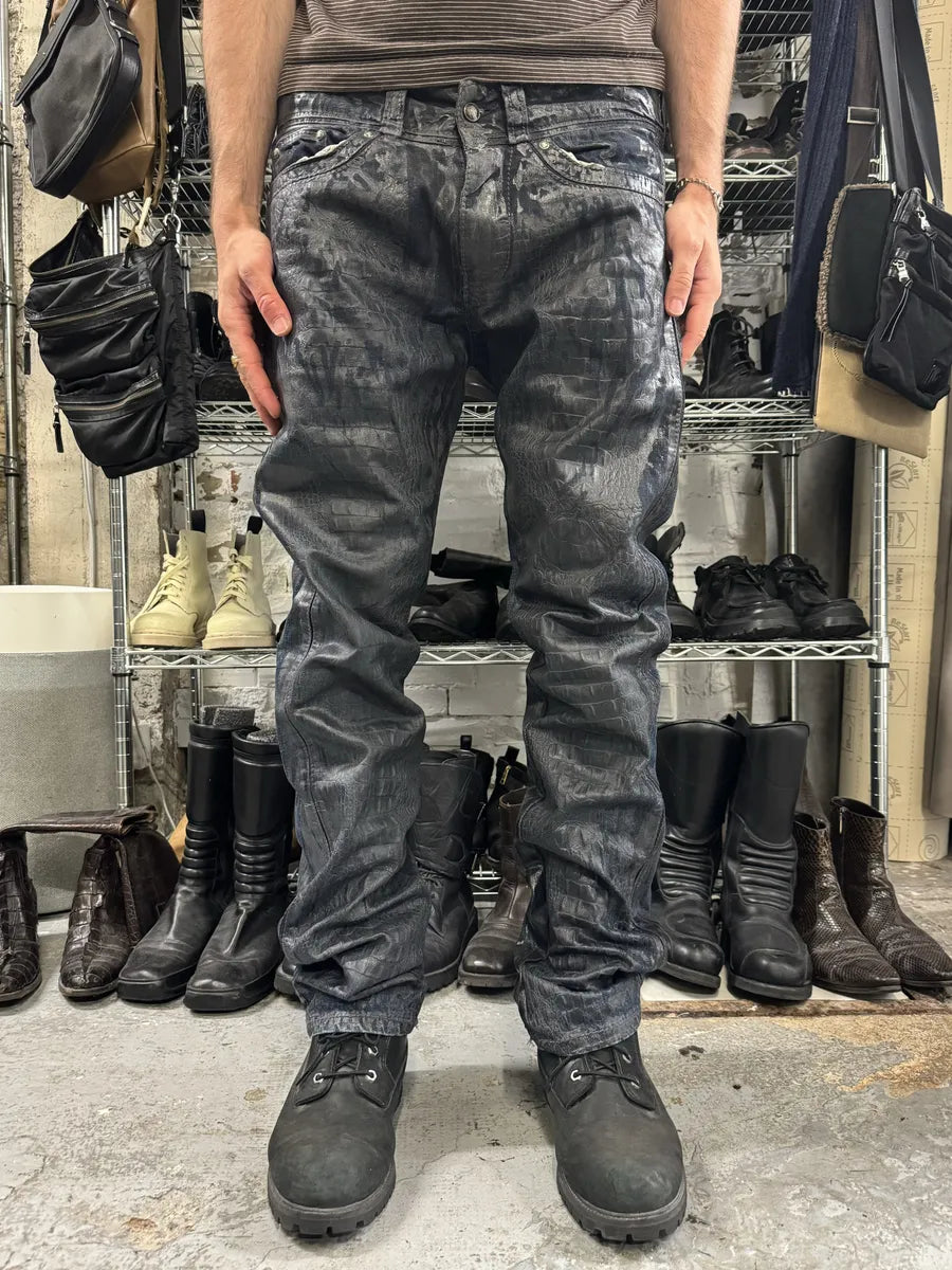 AW2005 Roberto Cavalli Black Crocodile Effect Leather Waxed Denim Jeans bXsWRGu 2