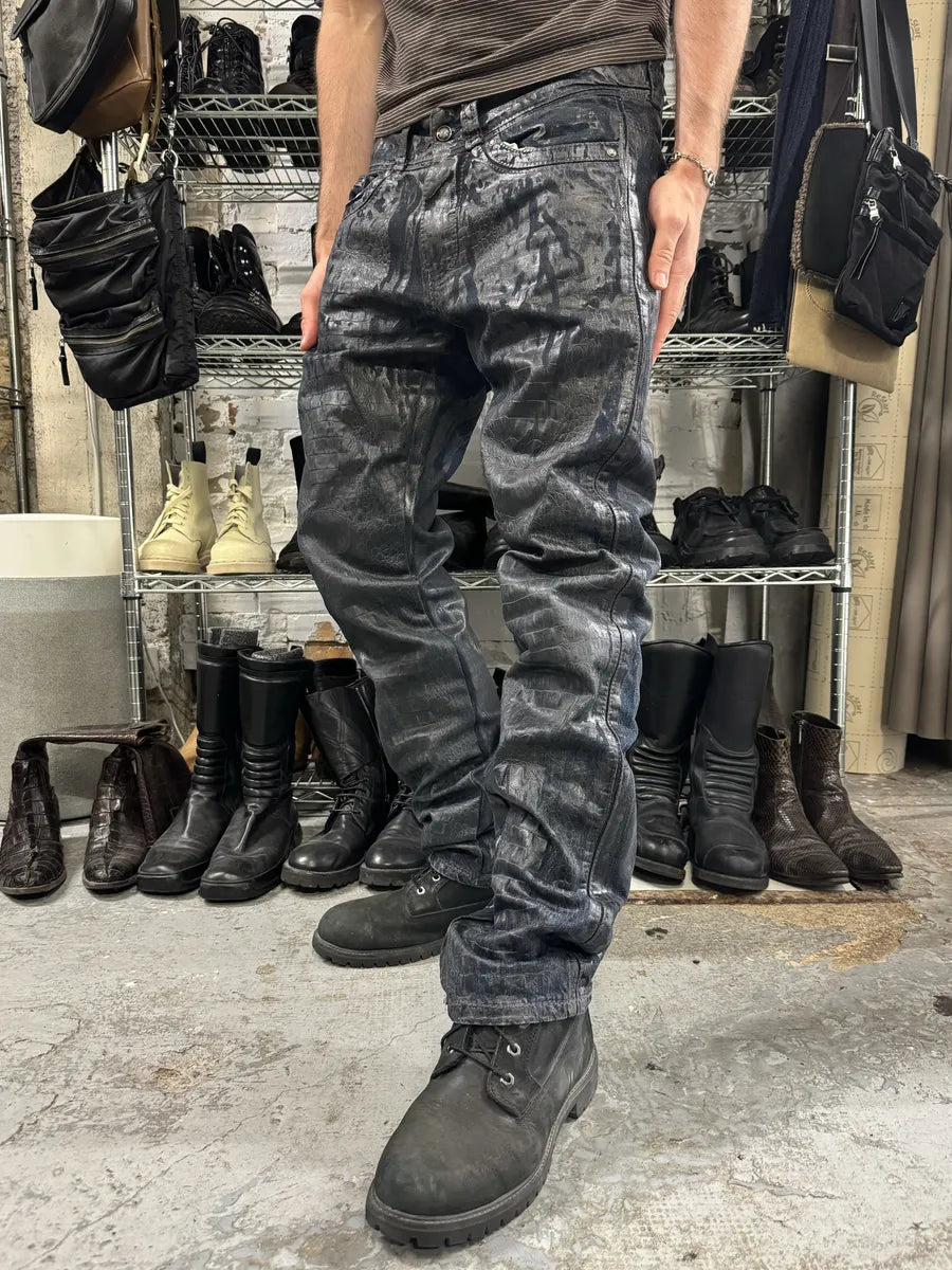 AW2005 Roberto Cavalli Black Crocodile Effect Leather Waxed Denim Jeans bXsWRGu 3