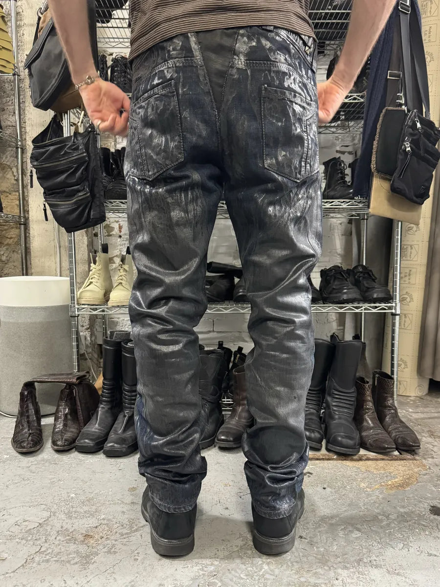 AW2005 Roberto Cavalli Black Crocodile Effect Leather Waxed Denim Jeans bXsWRGu 4