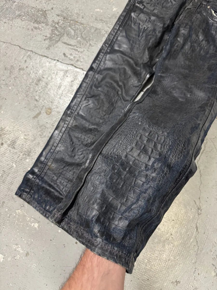 AW2005 Roberto Cavalli Black Crocodile Effect Leather Waxed Denim Jeans bXsWRGu 5