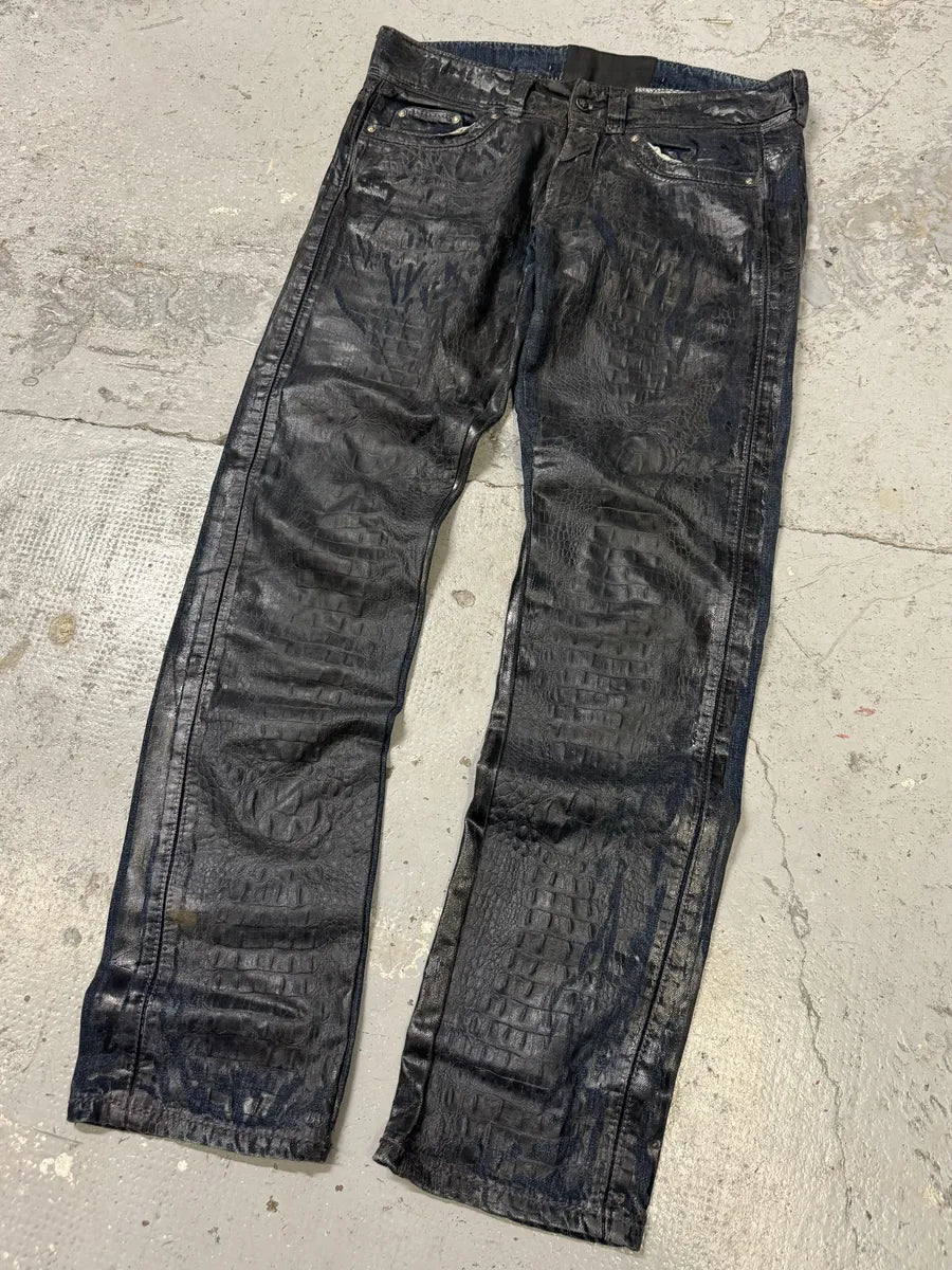 AW2005 Roberto Cavalli Black Crocodile Effect Leather Waxed Denim Jeans bXsWRGu 6
