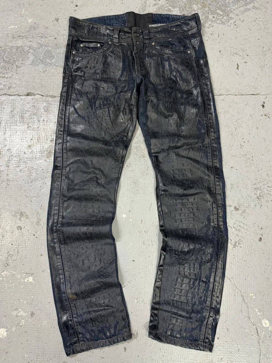 AW2005 Roberto Cavalli Black Crocodile Effect Leather Waxed Denim Jeans bXsWRGu 7