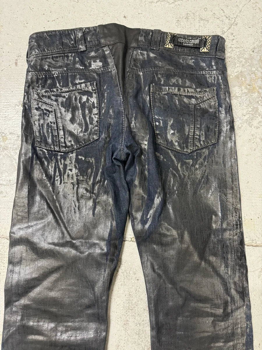 AW2005 Roberto Cavalli Black Crocodile Effect Leather Waxed Denim Jeans bXsWRGu 8