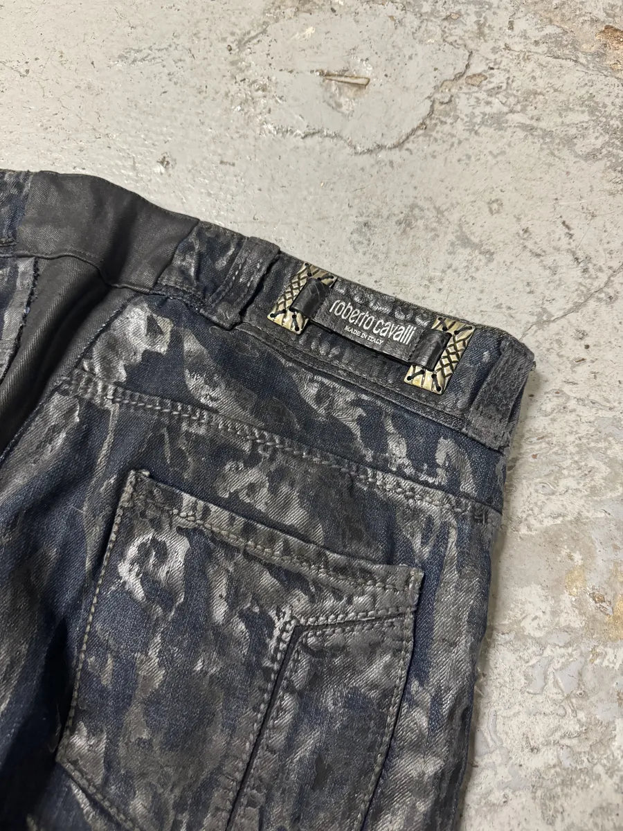 AW2005 Roberto Cavalli Black Crocodile Effect Leather Waxed Denim Jeans bXsWRGu 9