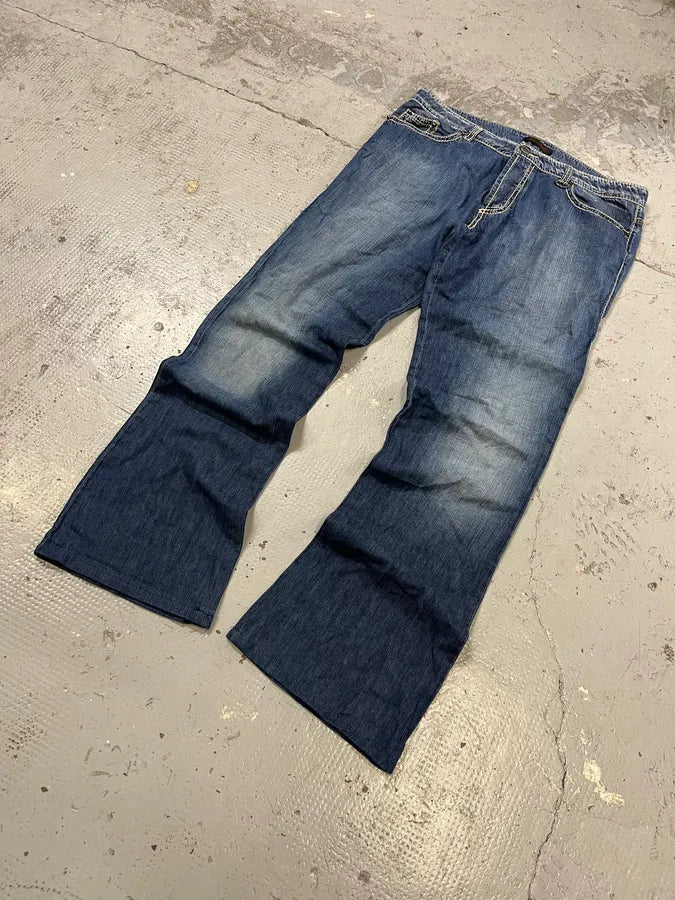 AW2005 Roberto Cavalli Blue Faded Wide Denim Jeans TrZYUHc 4