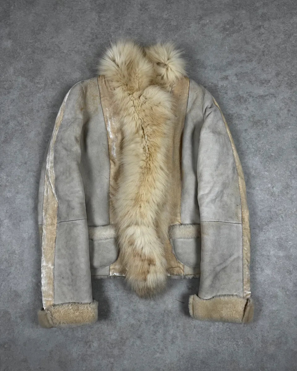 AW2005 Roberto Cavalli Fur White Shearling Leather Jacket XryjUZh 0