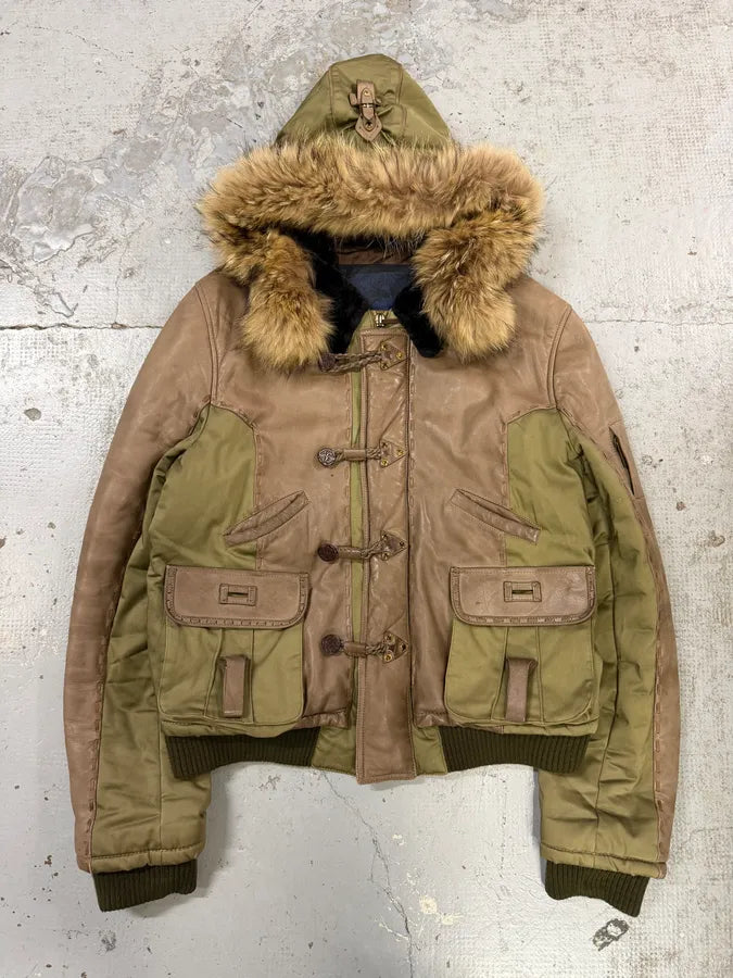AW2005 Roberto Cavalli Leather & Nylon Green & Grey Bomber Jacket ekEvGvm 0