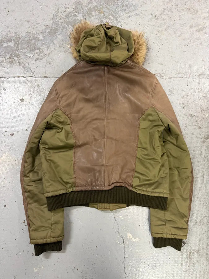 AW2005 Roberto Cavalli Leather & Nylon Green & Grey Bomber Jacket ekEvGvm 1