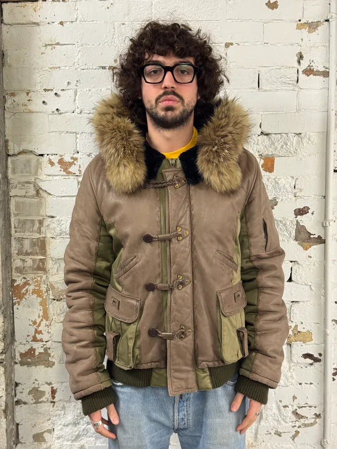 AW2005 Roberto Cavalli Leather & Nylon Green & Grey Bomber Jacket ekEvGvm 2