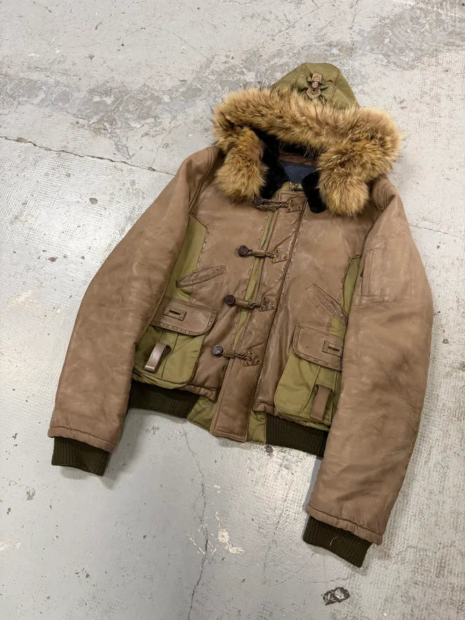 AW2005 Roberto Cavalli Leather & Nylon Green & Grey Bomber Jacket ekEvGvm 4