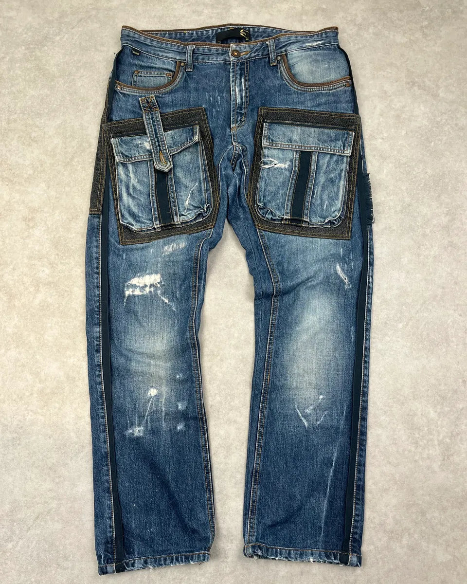 AW2006 Cavalli Blue Denim Cargo Stitched Distressed Jeans TOCpuoW 0