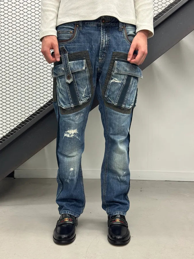 AW2006 Cavalli Blue Denim Cargo Stitched Distressed Jeans TOCpuoW 1