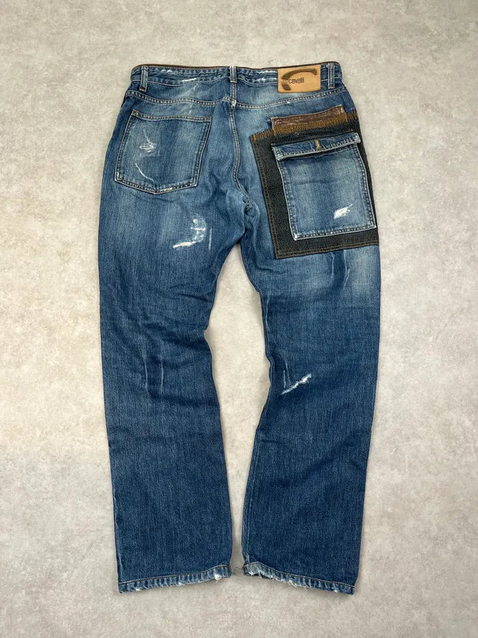 AW2006 Cavalli Blue Denim Cargo Stitched Distressed Jeans TOCpuoW 5
