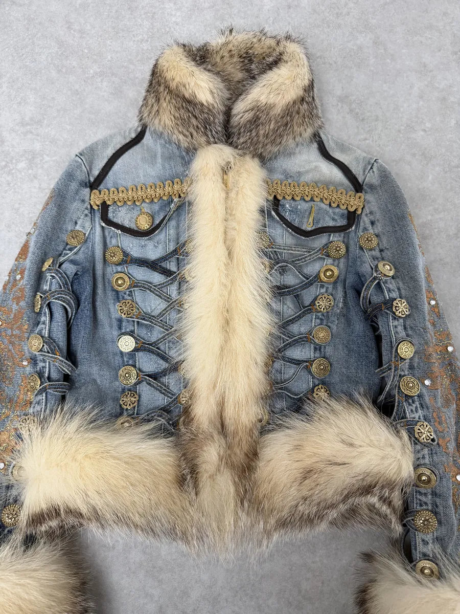 AW2006 Cavalli Blue Denim Royal Napoleon Fur Officer Jacket TvGeNLQ 11