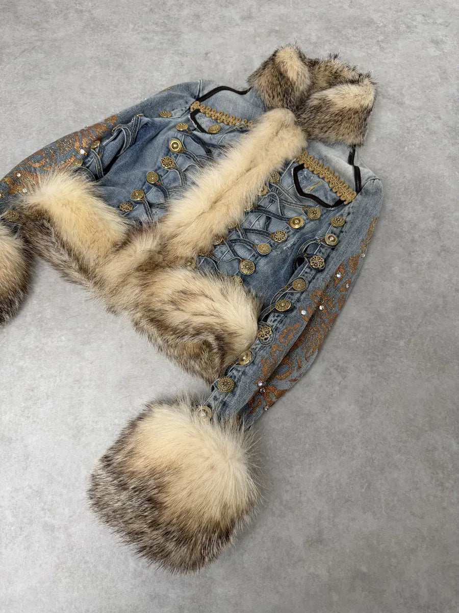 AW2006 Cavalli Blue Denim Royal Napoleon Fur Officer Jacket TvGeNLQ 12
