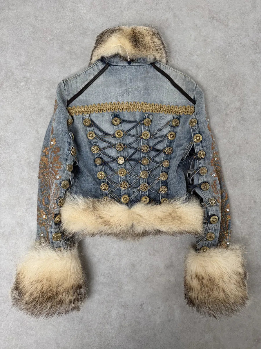 AW2006 Cavalli Blue Denim Royal Napoleon Fur Officer Jacket TvGeNLQ 2