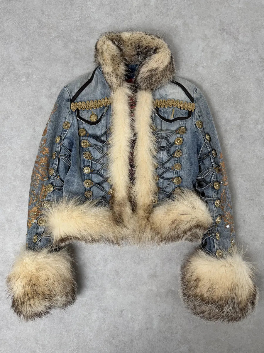 AW2006 Cavalli Blue Denim Royal Napoleon Fur Officer Jacket