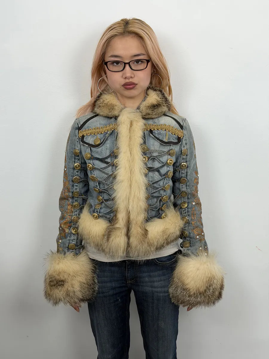 AW2006 Cavalli Blue Denim Royal Napoleon Fur Officer Jacket TvGeNLQ 4