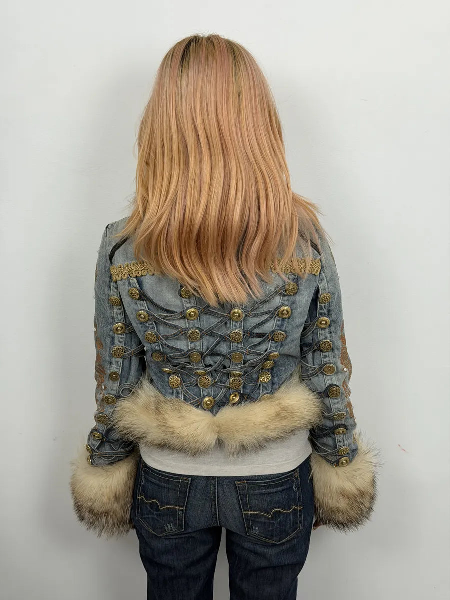 AW2006 Cavalli Blue Denim Royal Napoleon Fur Officer Jacket TvGeNLQ 5