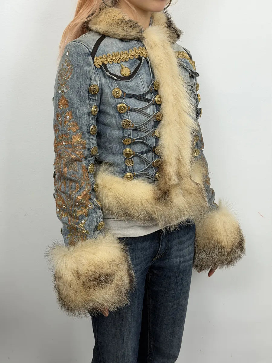 AW2006 Cavalli Blue Denim Royal Napoleon Fur Officer Jacket TvGeNLQ 6