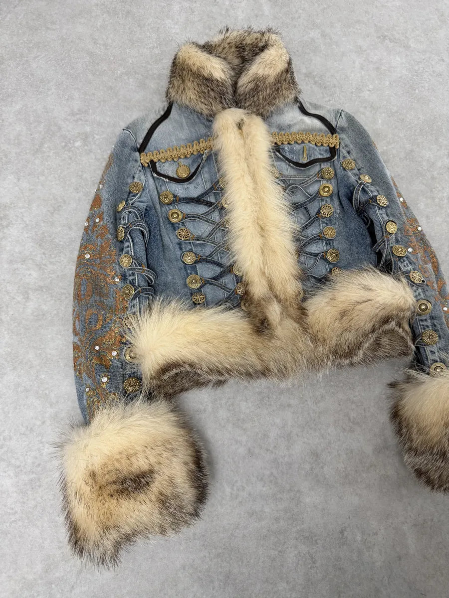 AW2006 Cavalli Blue Denim Royal Napoleon Fur Officer Jacket TvGeNLQ 7