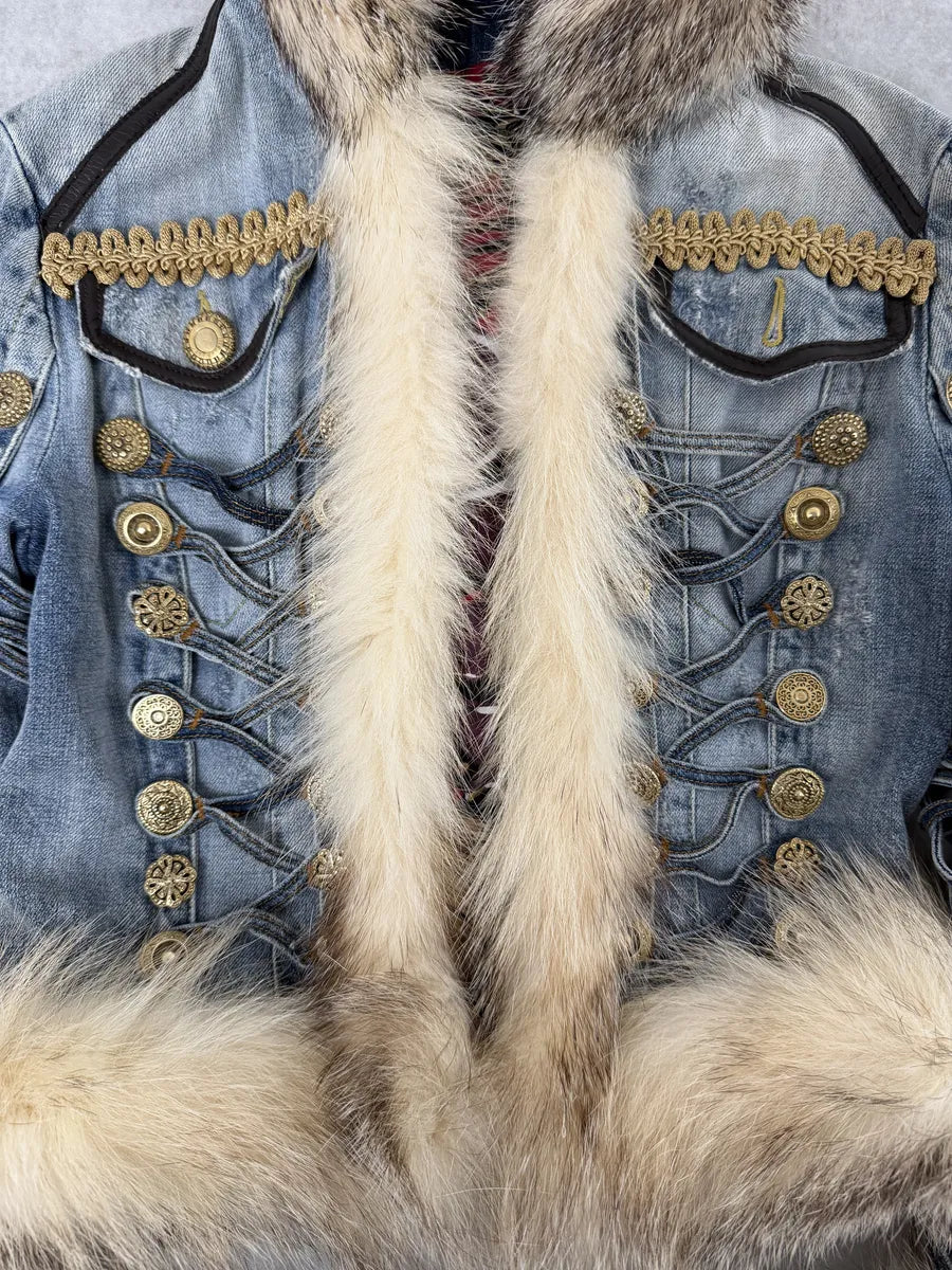 AW2006 Cavalli Blue Denim Royal Napoleon Fur Officer Jacket TvGeNLQ 8