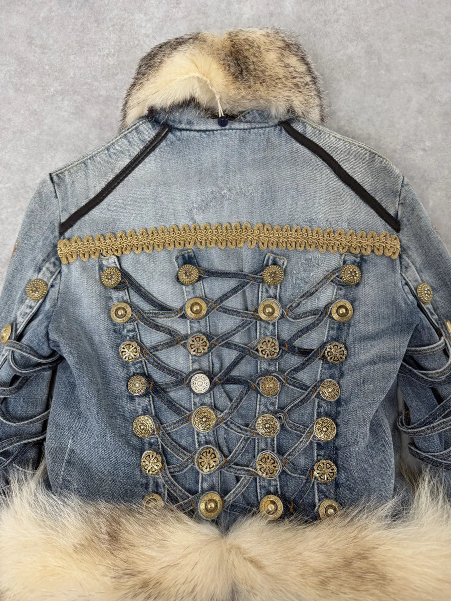 AW2006 Cavalli Blue Denim Royal Napoleon Fur Officer Jacket TvGeNLQ 9