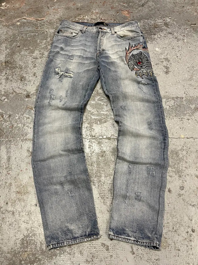 AW2006 Cavalli Tiger Attack Blue Denim Jeans wyZCIvN 4