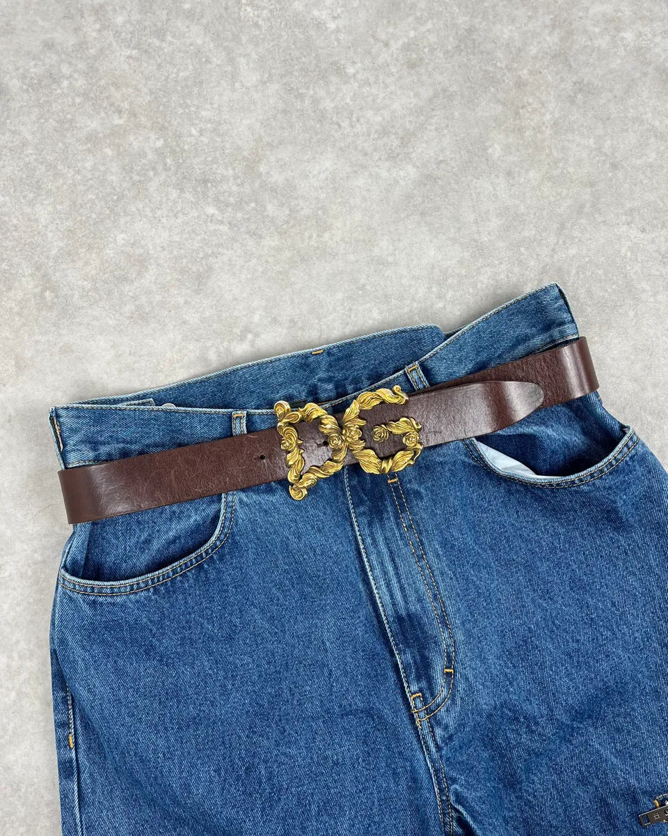 AW2006 Dolce & Gabbana Baroque Golden Buckle Brown Leather Belt VZxNgyn 0