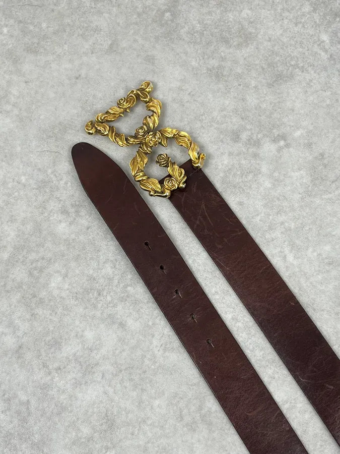 AW2006 Dolce & Gabbana Baroque Golden Buckle Brown Leather Belt VZxNgyn 4