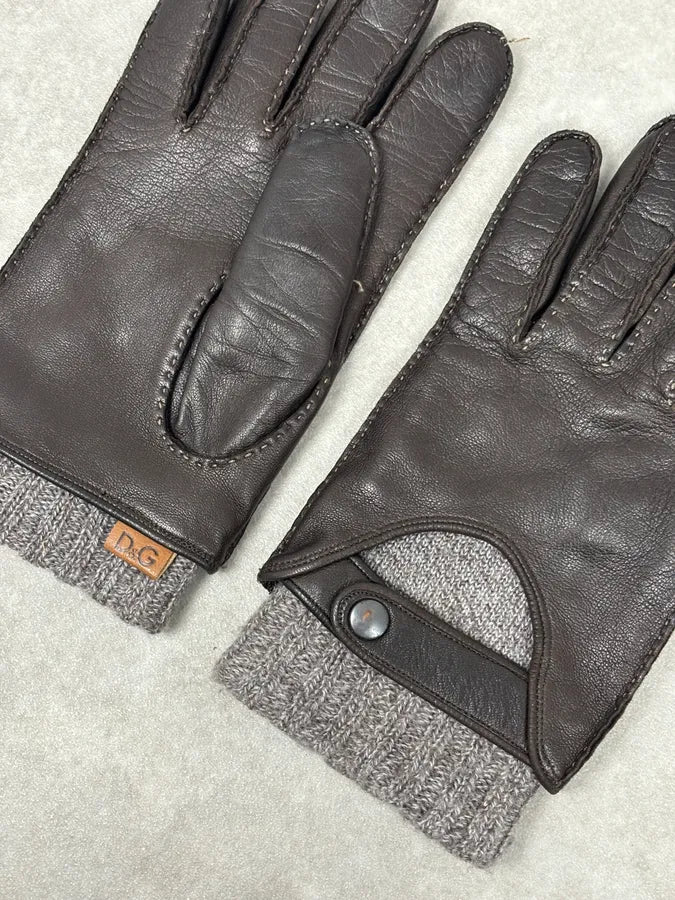 AW2006 Dolce & Gabbana Black Leather & Grey Wool Gloves bgumISJ 6