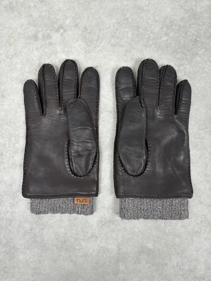 AW2006 Dolce & Gabbana Black Leather & Grey Wool Gloves bgumISJ 3