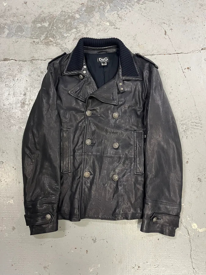 AW2006 Dolce & Gabbana Black Premium Officer Naval Buttoned Leather Jacket iqrKFzo 0