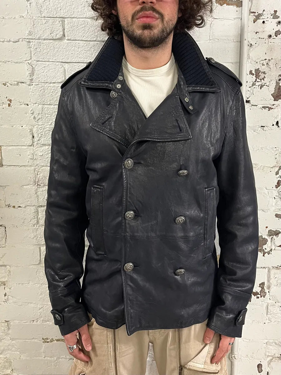 AW2006 Dolce & Gabbana Black Premium Officer Naval Buttoned Leather Jacket iqrKFzo 2