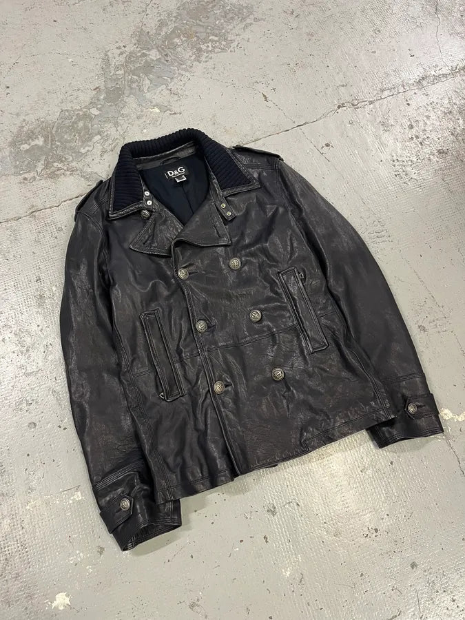 AW2006 Dolce & Gabbana Black Premium Officer Naval Buttoned Leather Jacket iqrKFzo 4