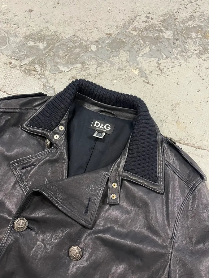 AW2006 Dolce & Gabbana Black Premium Officer Naval Buttoned Leather Jacket iqrKFzo 5