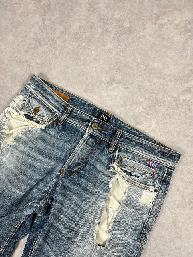 AW2006 Dolce & Gabbana Blue Destroyed Faded Denim Jeans OWGnzDb 4