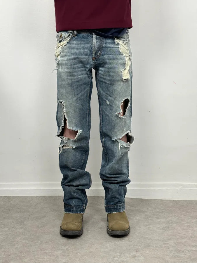 AW2006 Dolce & Gabbana Blue Destroyed Faded Denim Jeans OWGnzDb 0