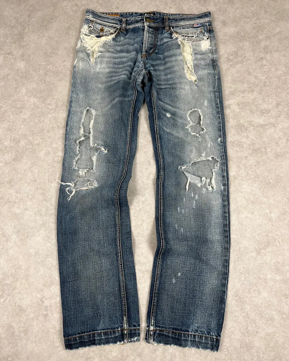 AW2006 Dolce & Gabbana Blue Destroyed Faded Denim Jeans OWGnzDb 3