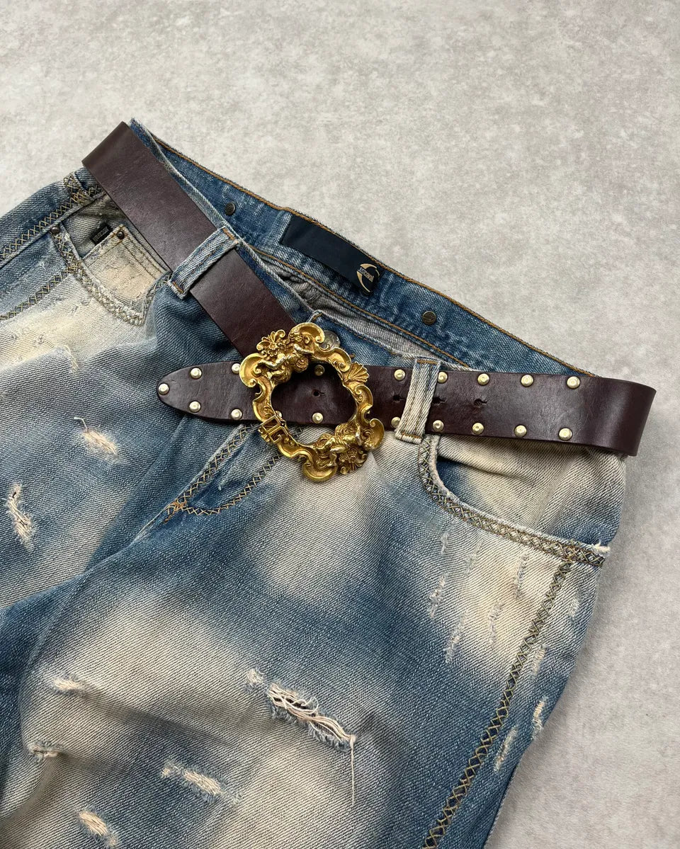 AW2006 Dolce & Gabbana Brown Leather Gold Ornament Buckle Belt  PdnRgvw 3