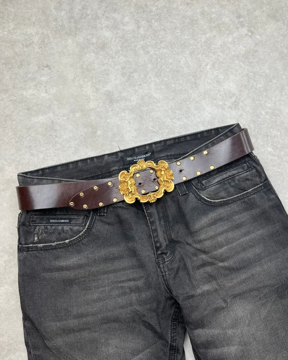 AW2006 Dolce & Gabbana Dark Brown Leather Baroque Angel Belt jGLfUbP 0