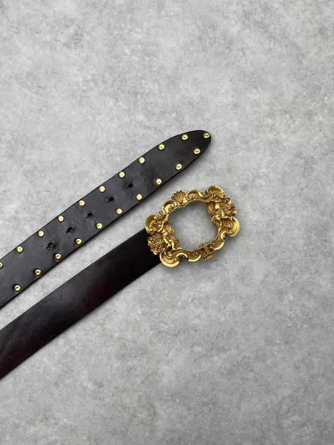 AW2006 Dolce & Gabbana Dark Brown Leather Baroque Angel Belt jGLfUbP 4