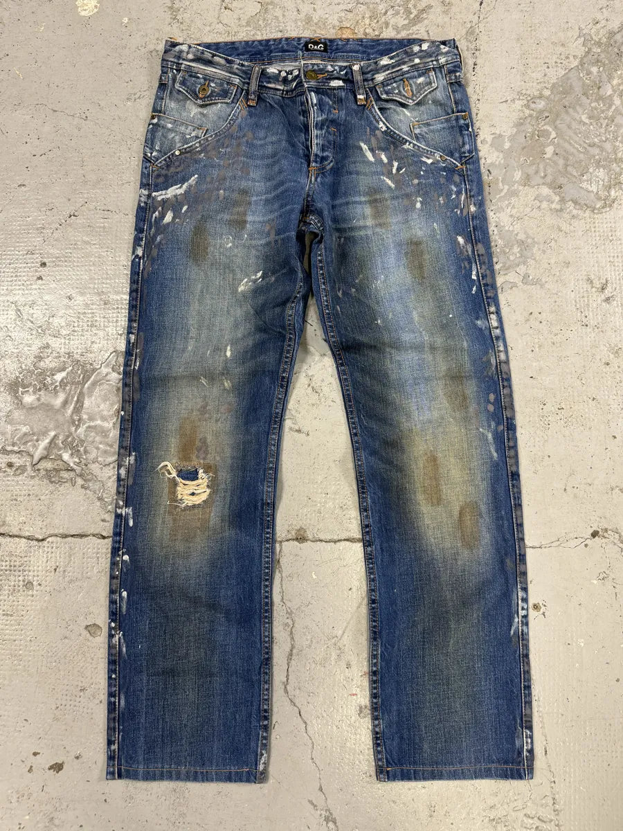 AW2006 Dolce & Gabbana Dirty Blue Painted Blue Denim Jeans tRGbEqR 0